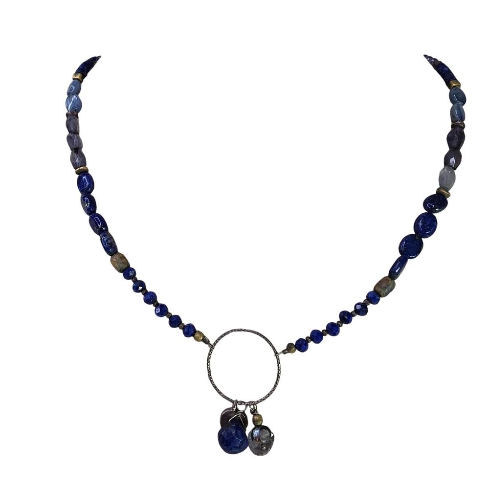 Vintage Necklace Handmade Glass Bead w/ Charms 16 Inch Blue White Clear